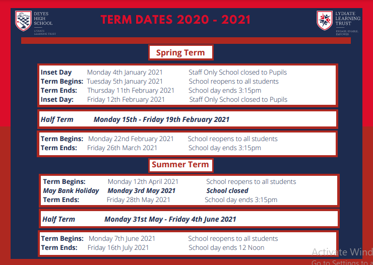 Deyes High School - Term Dates